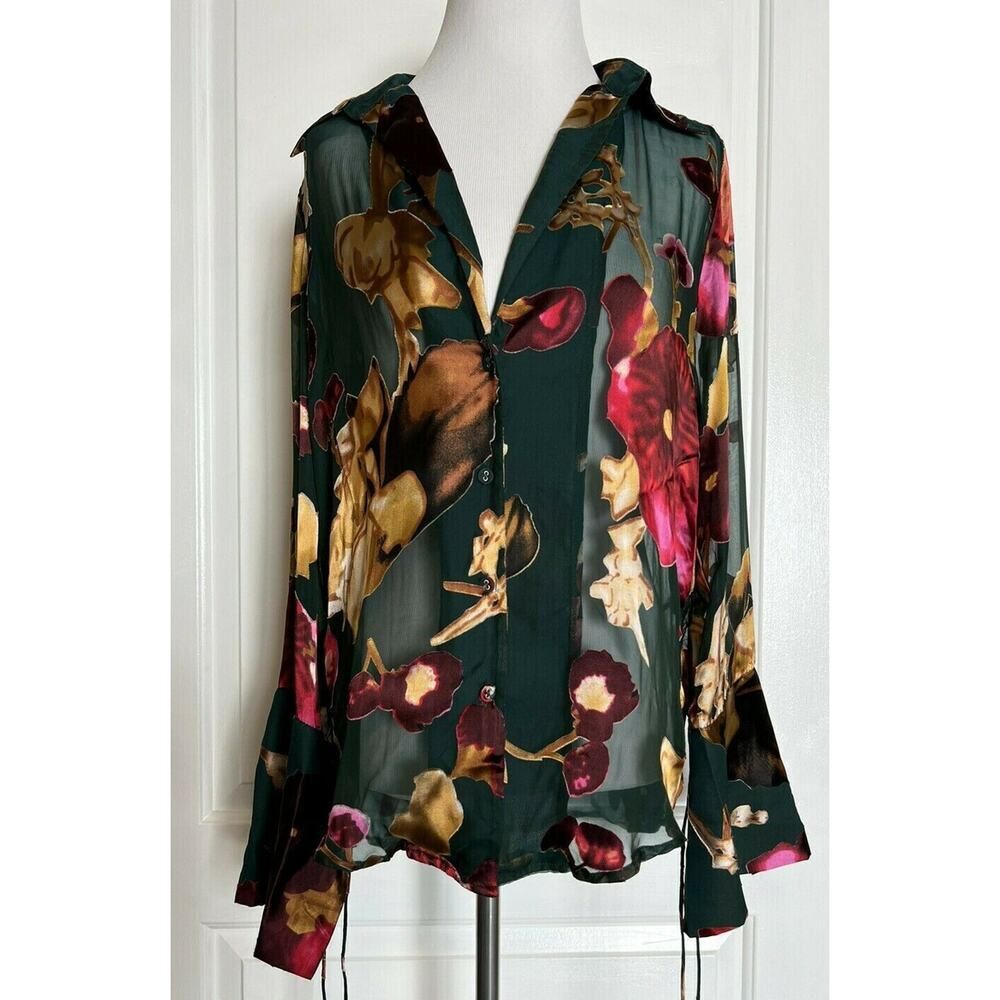 $273 RAT & BOA Designer Green Floral Semi Sheer Issey Blouse SOLD OUT XS V Neck - Picture 4 of 12